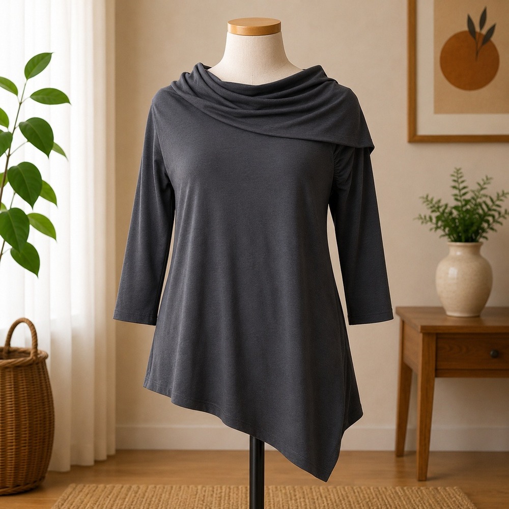 NEW Peace Love World Asymmetrical Cowl Neck Top Womens 2X Black 3/4 Sleeve